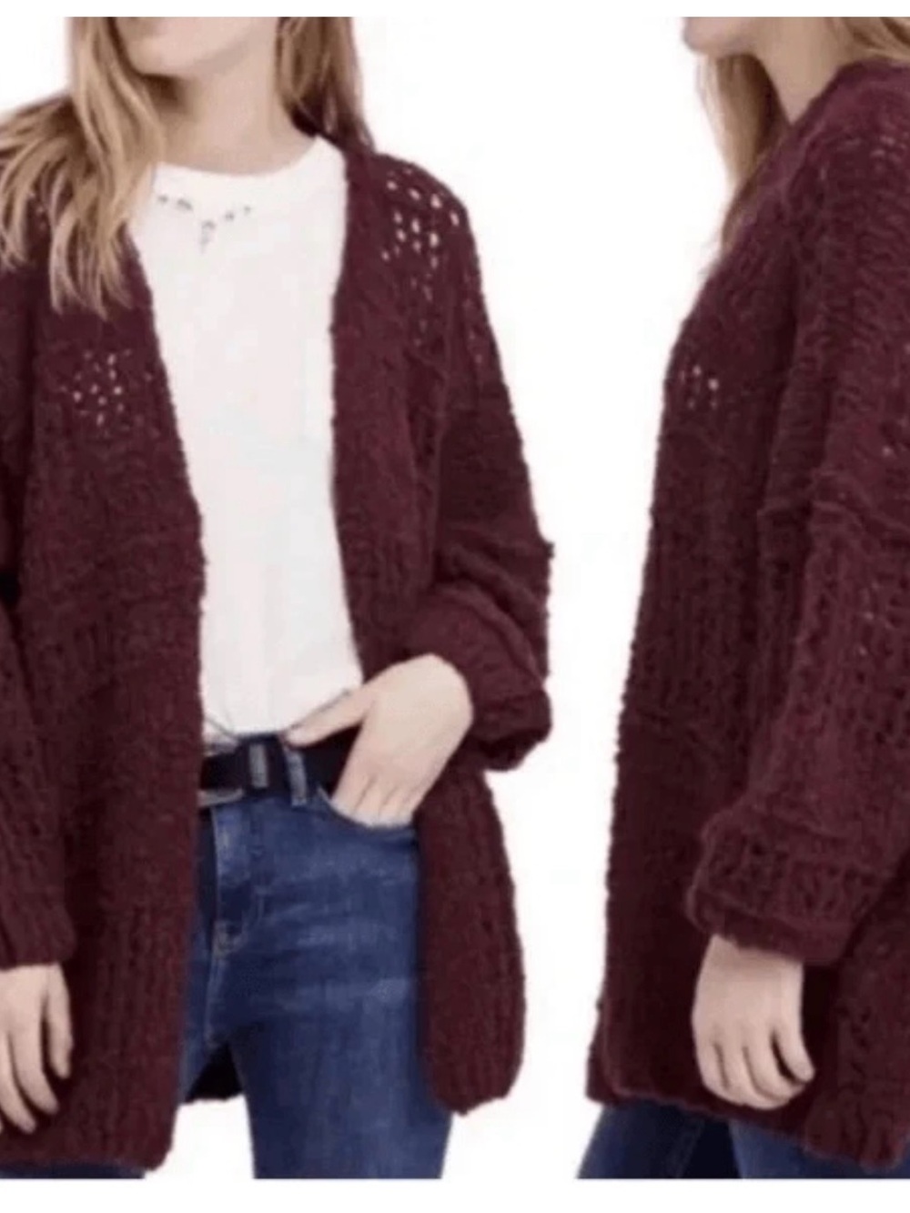 Chunky Open-Front Burgundy Women’s Cardigan Sweater free people maroon size XS/S